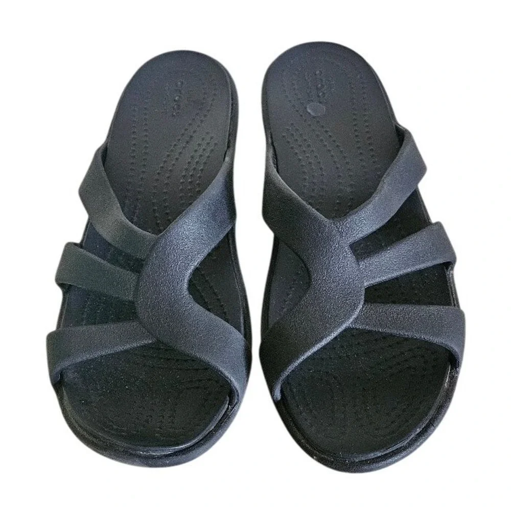 Crocs Sanrah Strappy Wedge Sandals Womens 8 Black Slip On Slide Comfort - Picture 1 of 8